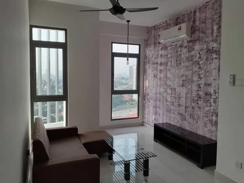 Living features: 3-seater fabric sofa in brown, glass coffee table with black legs, wall-mounted TV console in black, floor-to-ceiling windows, city view, white painted walls, marble tile flooring, ceiling fan with light, air conditioning unit on wall, decorative wall with textured pattern; style: modern; view: city.
