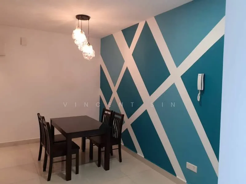Dining features: dining table with 4 chairs, blue accent wall with white geometric pattern, white painted walls, recessed ceiling lights, hanging pendant light with three bulbs, tile flooring, intercom system on wall; style: modern.