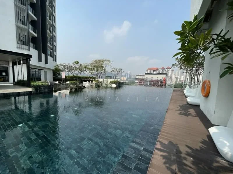 Exterior type: high-rise condominium; features: infinity pool, pool deck with loungers, surrounded by greenery, city skyline view, modern architecture, landscaped garden, water feature, outdoor seating area; style: modern.