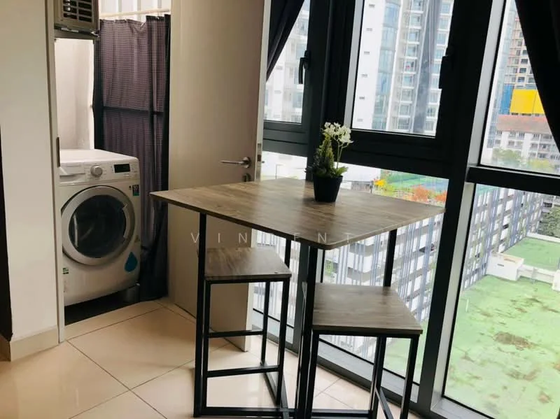 Room features: table with wooden top, metal frame for table, two high stools, floor-to-ceiling windows, curtains, washing machine, white walls, tile flooring, view of city skyline; style: modern; view: city.