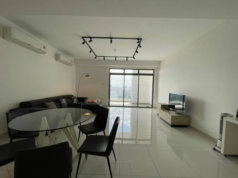 Living features: floor-to-ceiling windows, sliding glass door, white painted walls, polished ceramic tile flooring, 5-blade ceiling fan with light, track lighting, sofa in dark grey fabric, glass dining table with white base, black dining chairs, wall-mounted TV, TV console in light wood, air conditioning unit, decorative floor lamp; style: modern; view: city.