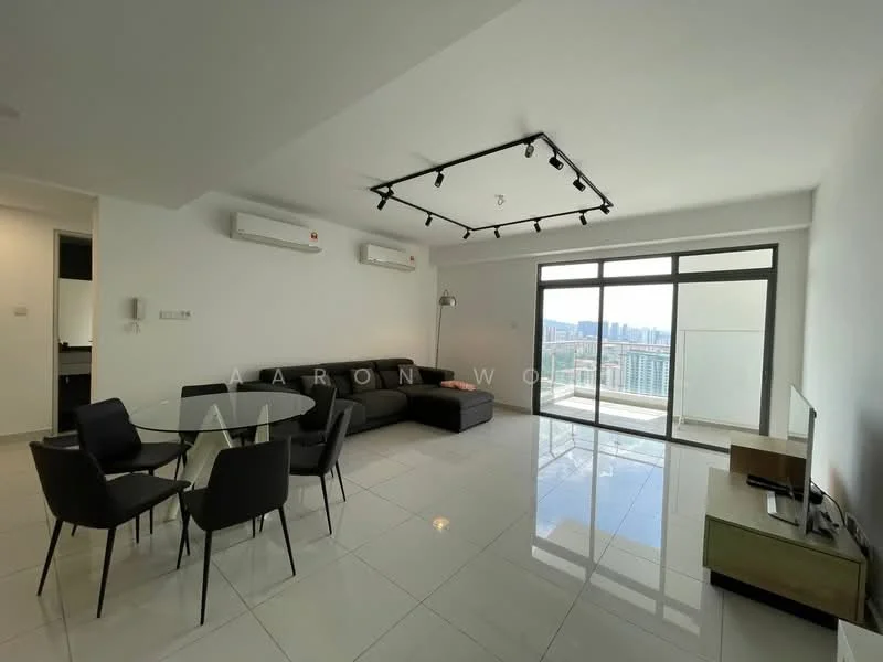 Living features: L-shape sectional sofa in dark grey, glass dining table with 4 black chairs, floor-to-ceiling windows, sliding glass door, city skyline view, 2 wall-mounted split AC units, recessed LED downlights, white painted walls, polished ceramic tile flooring, TV console, wall-mounted TV, decorative floor lamp; style: modern; view: city.