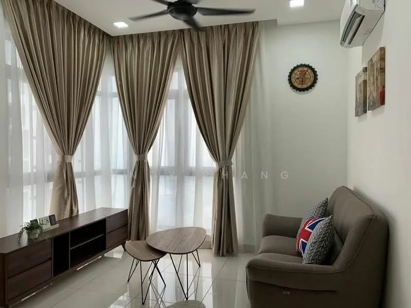 Living features: grey fabric sofa, wooden coffee table, TV console with storage, floor-to-ceiling windows, sheer curtains, dark brown curtains, recessed downlights, ceiling fan, decorative wall clock, framed artwork; style: modern.