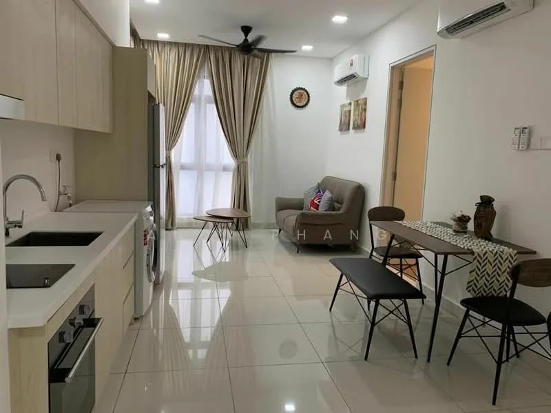 Kitchen features: white cabinetry, stainless-steel sink, chrome pull-down faucet, built-in oven, stainless-steel fridge, ceramic tile flooring, recessed downlights, wall-mounted split AC, open shelving, washing machine, dining table with 2 chairs, sofa, curtains, decorative wall art; style: modern.