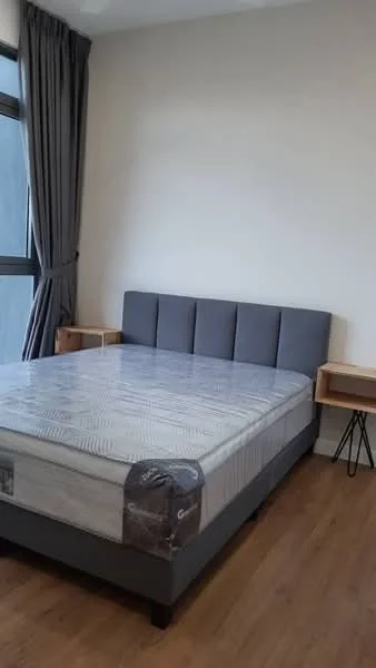 Bedroom features: queen-size bed with grey upholstered headboard, wooden bedside tables, black metal legs on bedside tables, grey curtains, laminate flooring, white painted walls, large window with natural light; style: modern.