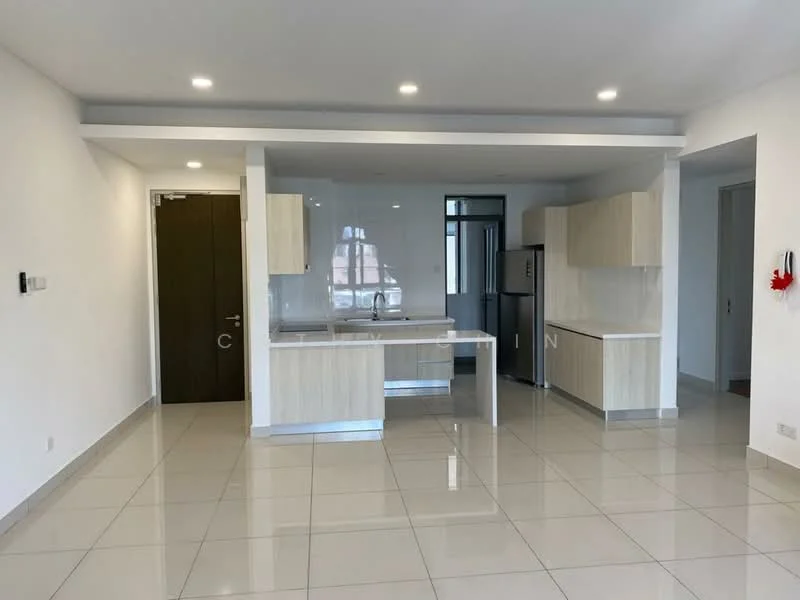 Kitchen features: white painted walls, glossy ceramic tile flooring, flat-panel light wood cabinetry, stainless-steel sink, chrome pull-down faucet, kitchen island with seating, built-in refrigerator, open layout, recessed downlights, floor-to-ceiling windows, countertop with light wood finish; style: modern.