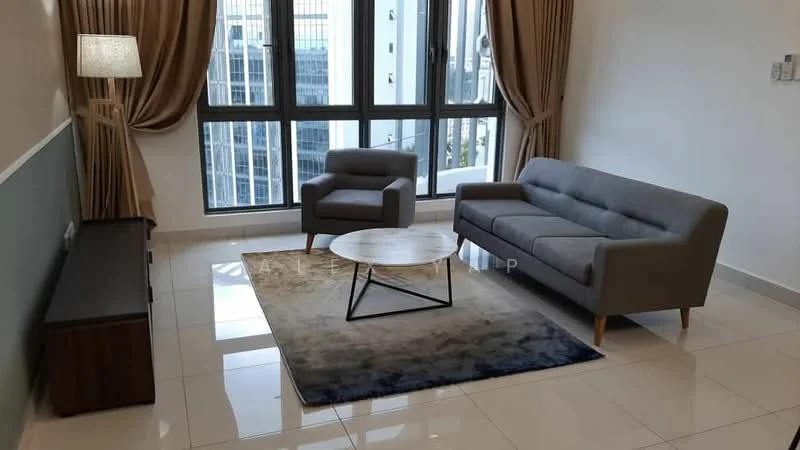 Living features: grey fabric sofa, 2-seater sofa, armchair in grey fabric, round coffee table with black metal legs, area rug with blue and beige tones, floor-to-ceiling windows, curtains in beige, laminate flooring, wall-mounted TV console in dark wood, recessed lighting; style: modern; view: city.