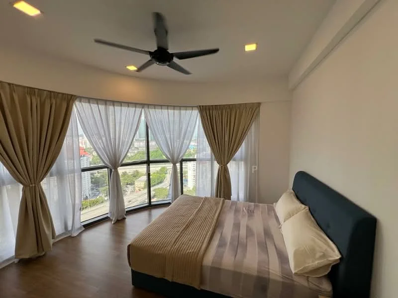 Bedroom features: king-size bed, upholstered headboard, bedside lamps, floor-to-ceiling windows, sheer curtains, blackout curtains, wooden flooring, 5-blade ceiling fan with light, decorative wall, city view; style: modern; view: city.