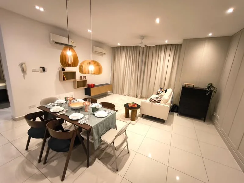 Dining features: 6-seater dining table, wooden dining chairs, table setting with plates and cutlery, pendant lighting with wooden shades, white walls, recessed LED downlights, tile flooring, air conditioning unit on wall; style: modern. Living features: beige fabric sofa, decorative cushions, small side table, TV console, curtains, wall-mounted shelving unit, ceiling fan, area rug; style: modern.
