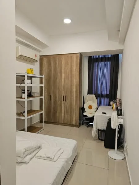 Bedroom features: white painted walls, tile flooring, 1 wall-mounted split AC, built-in wardrobe with wood finish, window with sheer curtains, bed with white bedding, white desk, chair, open shelving unit, floor lamp; style: modern.