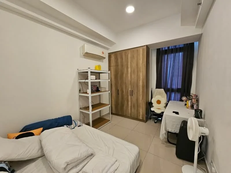 Bedroom features: white painted walls, tile flooring, 1 wall-mounted split AC, floor-to-ceiling window with black curtains, built-in wardrobe with wood finish, study desk with chair, open shelving unit, bed with white bedding, table fan; style: modern.