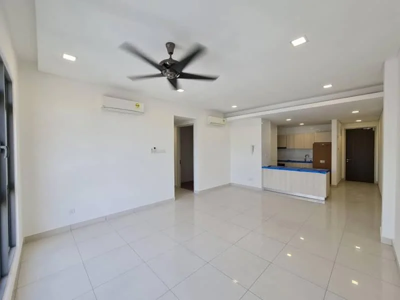 Living features: white painted walls, glossy ceramic tile flooring, 5-blade ceiling fan with light, 2 wall-mounted split AC units, floor-to-ceiling windows, recessed LED downlights, open layout to kitchen, neutral color scheme; style: modern. Kitchen features: kitchen island with blue countertop, built-in cabinetry, stainless-steel sink, freestanding range oven, refrigerator, open layout to living area; style: modern.