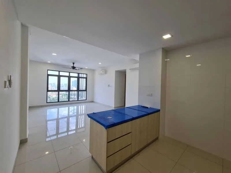Kitchen features: island countertop with blue protective covering, white cabinetry, stainless-steel sink, chrome faucet, ceramic tile flooring, recessed downlights, wall-mounted split AC, open layout to living area, floor-to-ceiling windows, city view, neutral painted walls; style: modern; view: city. Living features: ceramic tile flooring, recessed downlights, wall-mounted split AC, floor-to-ceiling windows, neutral painted walls, open layout to kitchen; style: modern; view: city.