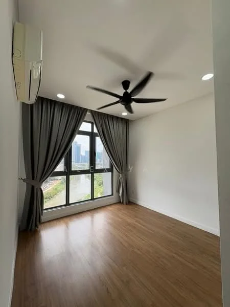 Room features: wooden flooring, white painted walls, 5-blade ceiling fan, floor-to-ceiling windows, grey curtains, city view, recessed downlights, air conditioning unit; style: modern; view: city.