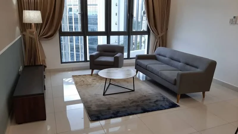 Living features: grey fabric 3-seater sofa, 2-seater armchair in grey, round coffee table with black metal base, area rug with blue and beige pattern, floor-to-ceiling windows, curtains in beige, wall-mounted TV console in dark wood, glossy white tiled flooring, recessed lighting, decorative floor lamp; style: modern; view: city.