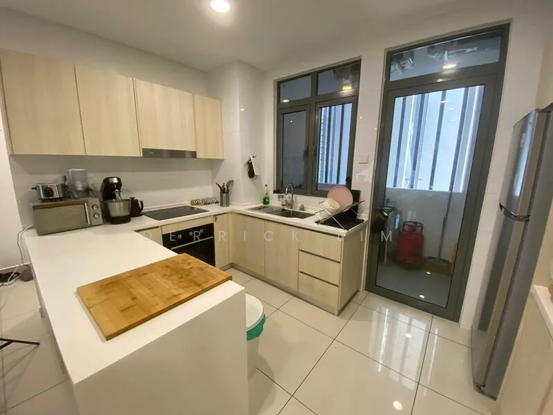 Kitchen features: light wood cabinetry, white countertop, stainless-steel fridge, built-in microwave, freestanding range oven, single-bowl stainless-steel sink, chrome pull-down faucet, tile backsplash, ceramic tile flooring, window with view to outside, kitchen island with wooden cutting board, kitchen utensils visible; style: modern.