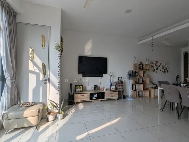 Living features: large floor-to-ceiling windows, grey curtains, white painted walls, polished ceramic tile flooring, wall-mounted TV, wooden TV console, decorative shelving unit, dining table with chairs, ceiling fan, houseplants in ceramic pots, decorative wall art, light fixture, air conditioning unit; style: modern; view: city.