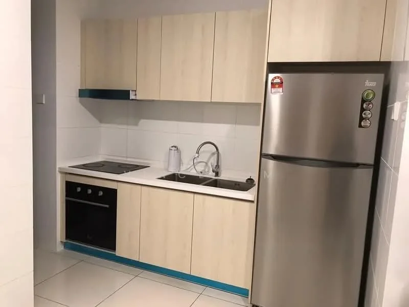 Kitchen features: light wood cabinetry, white countertop, stainless-steel sink, chrome pull-down faucet, built-in electric stove, built-in oven, stainless-steel fridge, white tiled backsplash, ceramic tile flooring, under-cabinet lighting; style: modern.