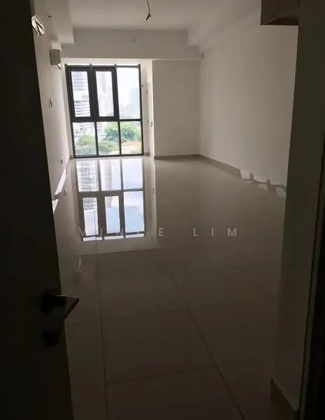 Room features: white painted walls, glossy tile flooring, floor-to-ceiling windows, city view, recessed downlights, open layout, neutral color scheme, no visible furniture; style: modern; view: city.