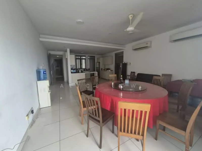 Dining features: round dining table, 8 wooden dining chairs, white walls, tile flooring, ceiling fan, air conditioning unit, water dispenser, open layout to kitchen, natural light from windows; style: modern. Kitchen features: kitchen counter, stainless-steel fridge, built-in cabinets, open layout to dining area; style: modern.