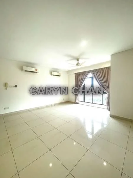 Living features: white painted walls, glossy ceramic tile flooring, 5-blade ceiling fan, 2 wall-mounted split AC units, floor-to-ceiling window, sheer curtains, natural light, neutral color scheme; style: modern.