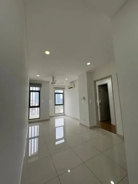 Room features: white painted walls, glossy tile flooring, recessed downlights, 5-blade ceiling fan, floor-to-ceiling windows, window treatments, air conditioning unit, doorway leading to another room; style: modern; view: city.