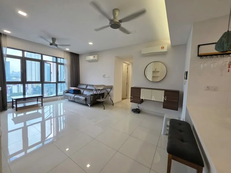 Living features: white painted walls, glossy white tile flooring, 2 ceiling fans, floor-to-ceiling windows, grey fabric sofa, foldable dining table, wooden console table, round mirror, wall-mounted coat hooks, black upholstered bench, recessed lighting; style: modern; view: city.