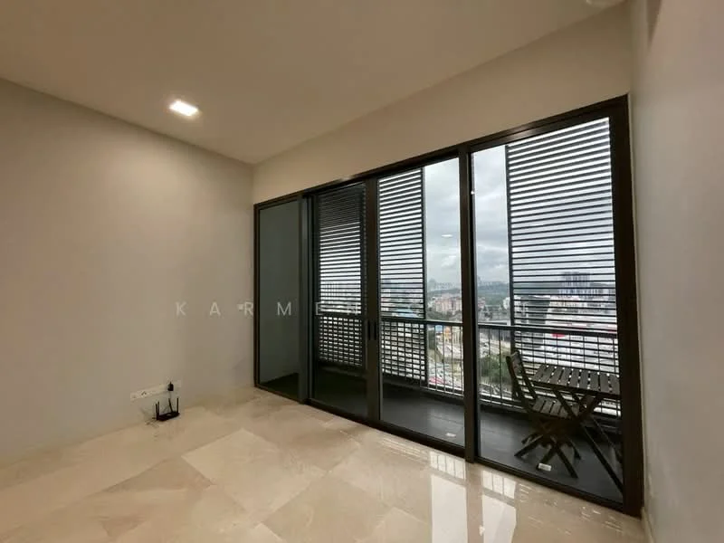 Living features: cream painted walls, marble tile flooring, floor-to-ceiling windows, sliding glass door, blackout curtains, city view, recessed downlights, small balcony with outdoor furniture; style: modern; view: city.