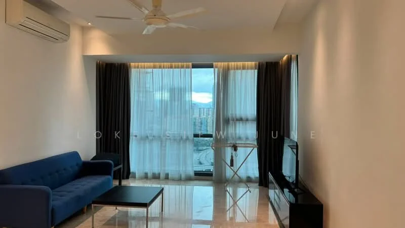 Living features: 3-seater fabric sofa in blue, coffee table, wall-mounted TV, floor-to-ceiling windows, sheer curtains, blackout curtains, marble tile flooring, 1 wall-mounted split AC, ceiling fan with light, decorative wall, light-colored painted walls; style: modern; view: city.