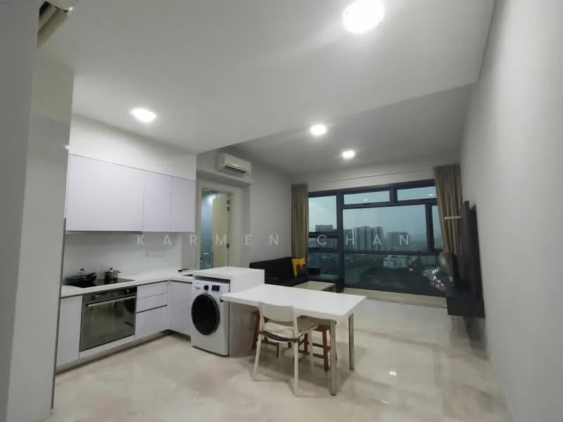 Kitchen features: white cabinetry, stainless-steel sink, built-in oven, 4-burner gas hob, exhaust hood, washing machine, white dining table, wooden dining chair, marble flooring, recessed downlights, floor-to-ceiling windows, city view; style: modern; view: city.