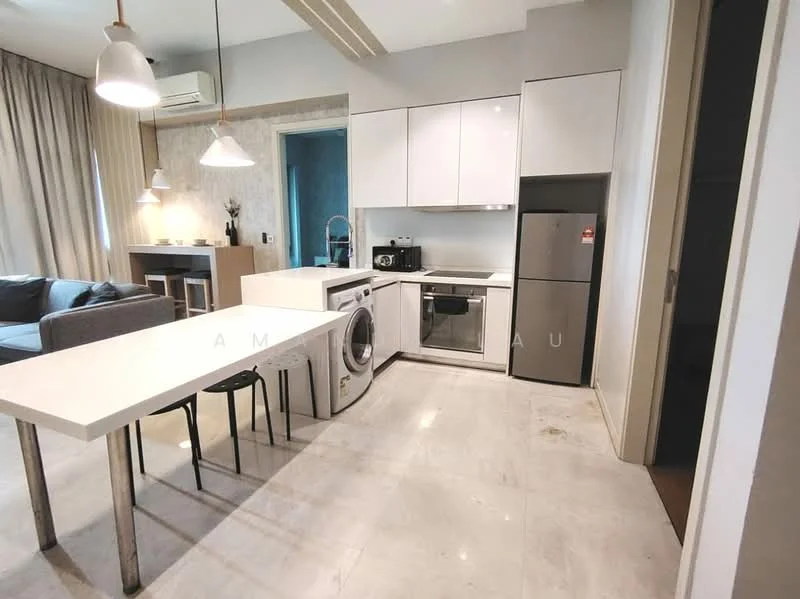 Kitchen features: white cabinetry, stainless-steel fridge, built-in oven, 4-burner gas hob, single-bowl stainless-steel sink, chrome pull-down faucet, white quartz countertop, washing machine, pendant lighting, marble tile flooring, grey accent wall, open shelving, bar stools; style: modern.