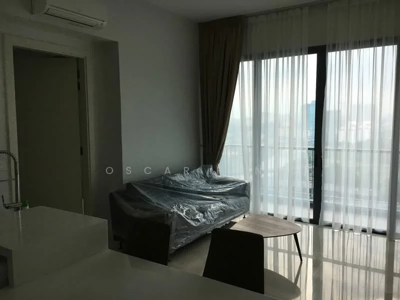 Living features: floor-to-ceiling windows, sheer curtains, sofa covered in plastic, dining table, dining chairs, light-colored walls, glossy tile flooring, air conditioning unit; style: modern; view: city.