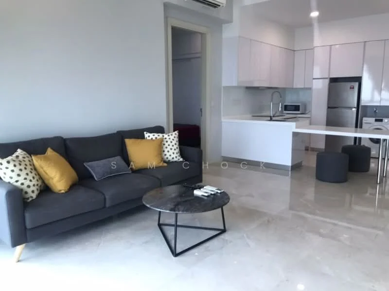 Living features: grey fabric sofa with yellow and black accent pillows, marble flooring, round marble coffee table, black metal coffee table base, open kitchen layout, white cabinetry, stainless-steel refrigerator, built-in oven, microwave, kitchen island with seating, pendant lighting, recessed downlights, floor-to-ceiling windows, neutral wall color; style: modern.