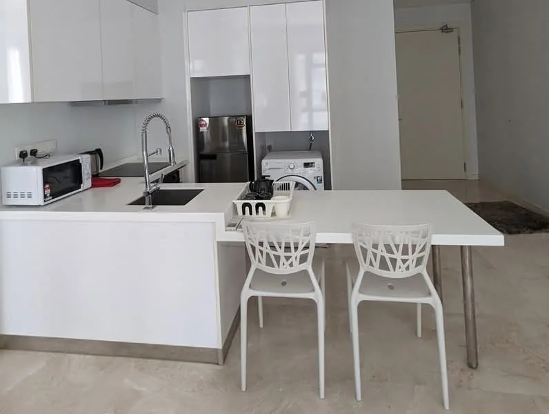 Kitchen features: white glossy cabinetry, stainless-steel fridge, built-in microwave, stainless-steel sink, chrome pull-down faucet, white countertop, washing machine, 2 white plastic dining chairs, tile flooring, recessed downlights, open shelving, neutral wall color; style: modern.