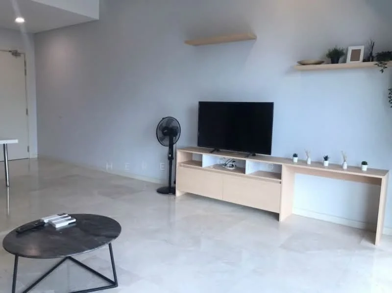 Living features: light grey painted walls, marble flooring, wall-mounted TV, light wood TV console, black coffee table, floor fan, shelf with decorative items, small potted plants; style: modern.
