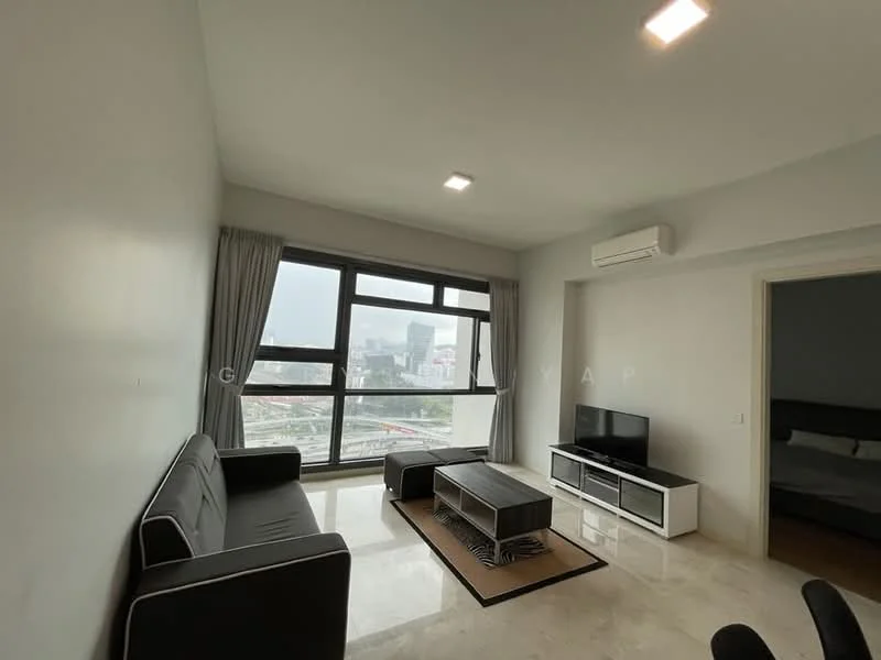 Living features: grey fabric 3-seater sofa, black coffee table, white TV console, wall-mounted TV, floor-to-ceiling windows, curtains, marble flooring, 1 wall-mounted split AC, area rug, light ceiling with recessed lighting; style: modern; view: city.