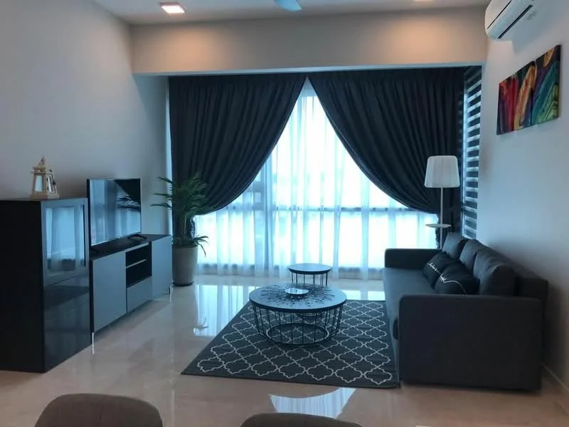 Living features: grey fabric sofa, round coffee table, black TV console, wall-mounted TV, area rug with geometric pattern, floor-to-ceiling windows, sheer curtains, blackout curtains, ceiling fan, decorative wall art, indoor plant, marble flooring; style: modern; view: city.