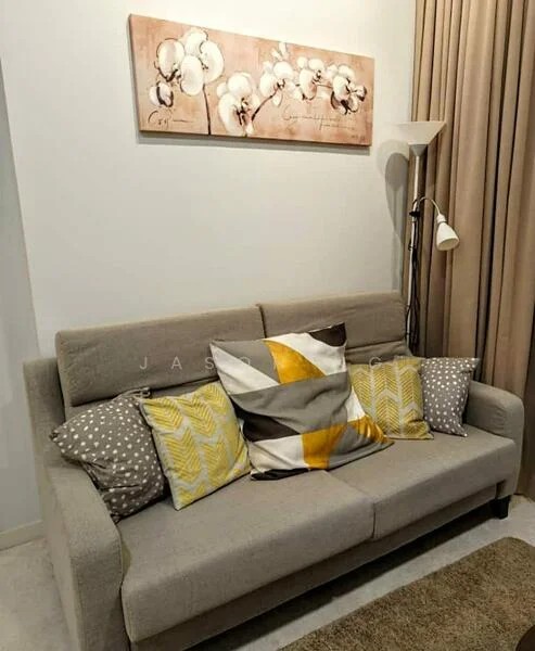 Living features: 3-seater fabric sofa in grey, decorative cushions in various patterns and colors, floor lamp with adjustable arm, framed artwork with floral design, curtains in a neutral color, light-colored wall, carpeted flooring; style: modern.