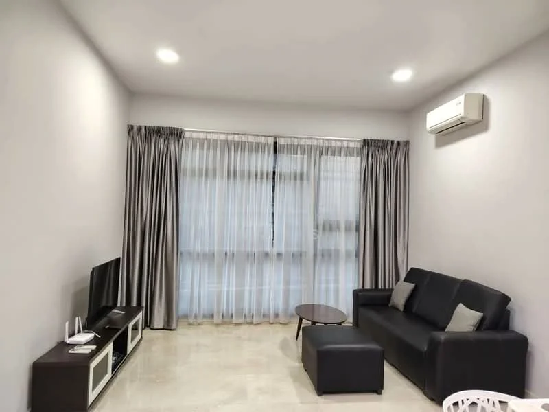 Living features: grey painted walls, marble flooring, 5-blade ceiling fan with light, floor-to-ceiling windows, sheer curtains, black leather sofa, coffee table, TV console, wall-mounted TV, air conditioning unit; style: modern.