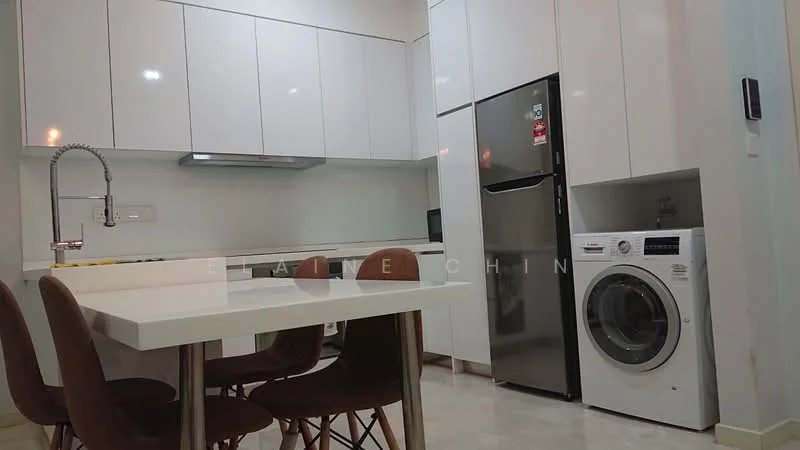Kitchen features: white cabinetry, stainless-steel fridge, built-in oven, ceramic cooktop, single-bowl stainless-steel sink, chrome pull-down faucet, white washing machine, white countertop, dining table with four chairs, recessed downlights, tile flooring; style: modern.
