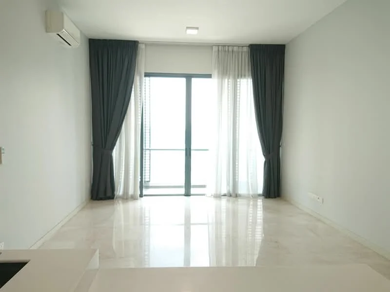 Living features: marble flooring, white painted walls, floor-to-ceiling windows, sliding glass door, sheer curtains, blackout curtains, 1 wall-mounted split AC, recessed LED downlights; style: modern; view: city.