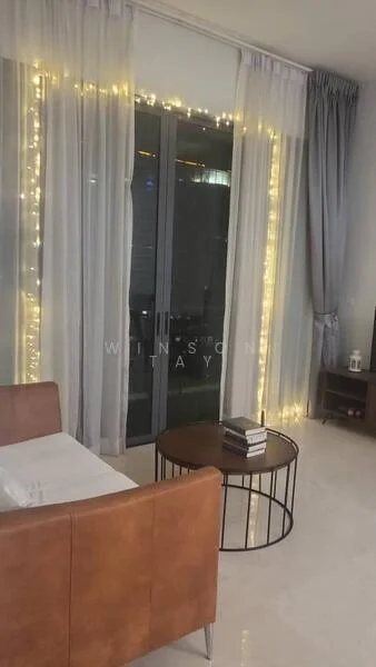 Living features: floor-to-ceiling windows, sheer curtains, decorative fairy lights, light-colored walls, polished tile flooring, round coffee table, brown leather sofa, TV console, wall-mounted TV; style: modern.