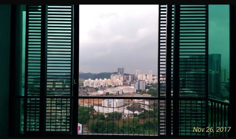 Room features: floor-to-ceiling windows, sliding glass door, green tinted glass, metal railing, city skyline view, shuttered window treatments; style: modern; view: city.
