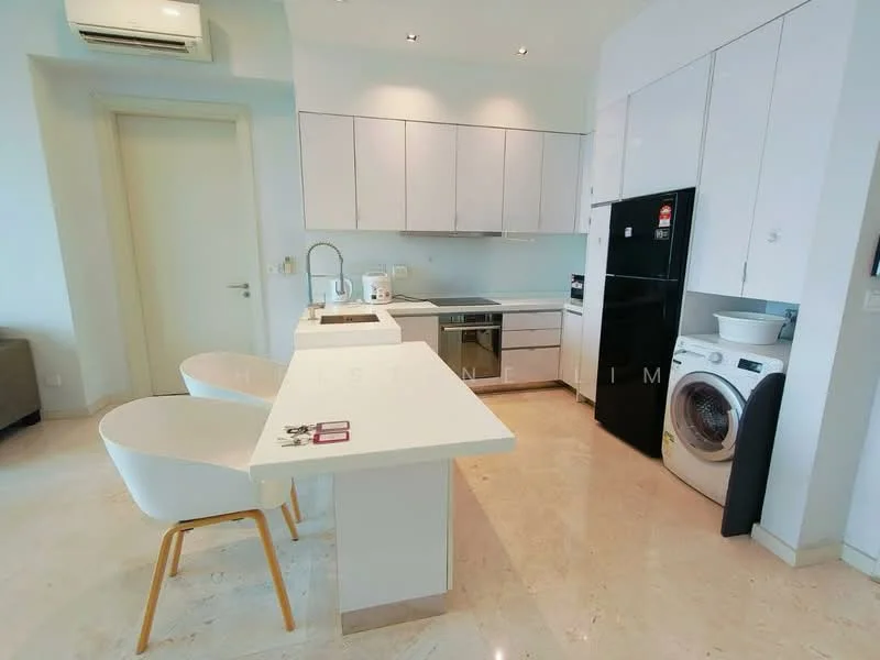 Kitchen features: white cabinetry, black refrigerator, built-in oven, stainless-steel sink, chrome pull-down faucet, white countertop, ceramic tile flooring, washing machine, 2 white dining chairs, kitchen island with seating, recessed downlights, wall-mounted split AC; style: modern.
