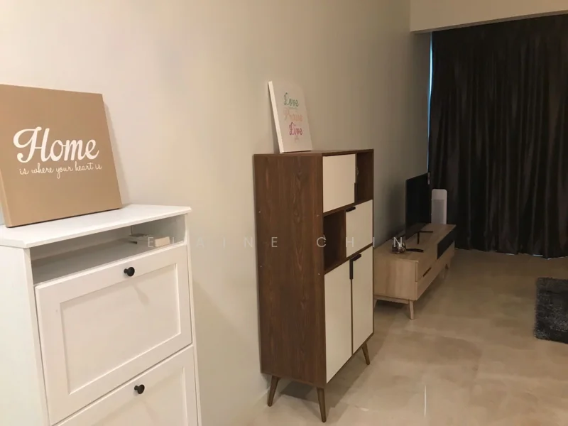 Living features: cream painted walls, polished marble flooring, floor-to-ceiling curtains in dark brown, wooden TV console, light wood shelving unit, decorative wall art, area rug with geometric pattern; style: modern.