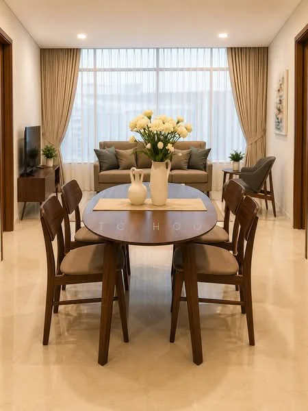 Dining features: round wooden dining table, 4 wooden dining chairs with beige cushions, vase with white flowers, cream table runner, light-colored marble flooring, floor-to-ceiling windows, sheer curtains, wall-mounted TV, wooden sideboard, decorative artwork on wall, sofa in background, accent chair in background; style: modern.