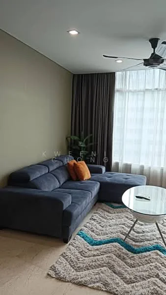 Living features: 3-seater fabric sofa in navy blue, orange accent cushions, round glass coffee table, area rug with zigzag pattern, floor-to-ceiling windows, sheer curtains, grey painted walls, recessed downlights, ceiling fan with light; style: modern.