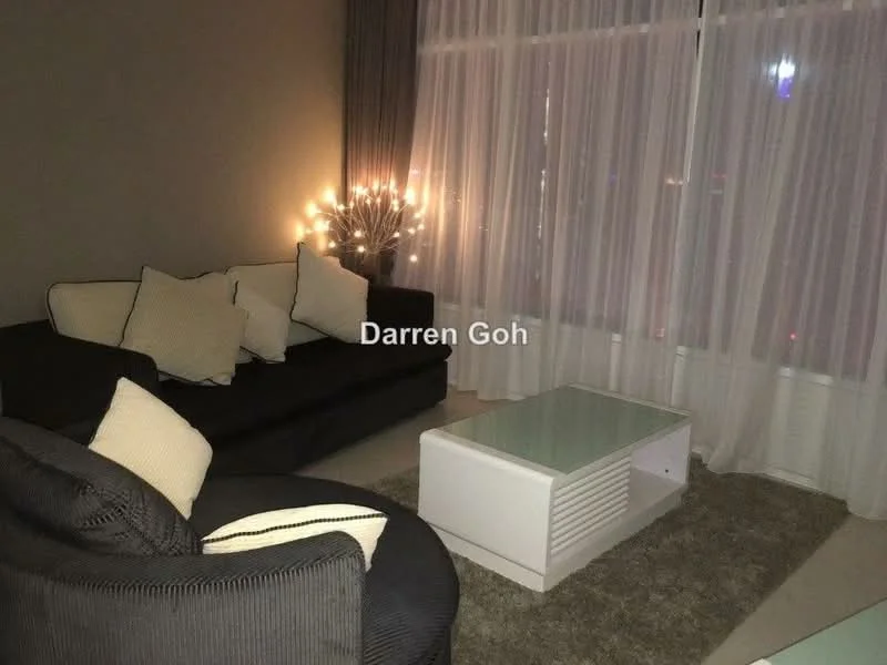 Living features: 3-seater fabric sofa in black, 2 accent pillows in cream, glass coffee table with white base, floor-to-ceiling windows, sheer curtains, decorative lighting with branches, neutral wall color, carpeted flooring; style: modern; view: city.