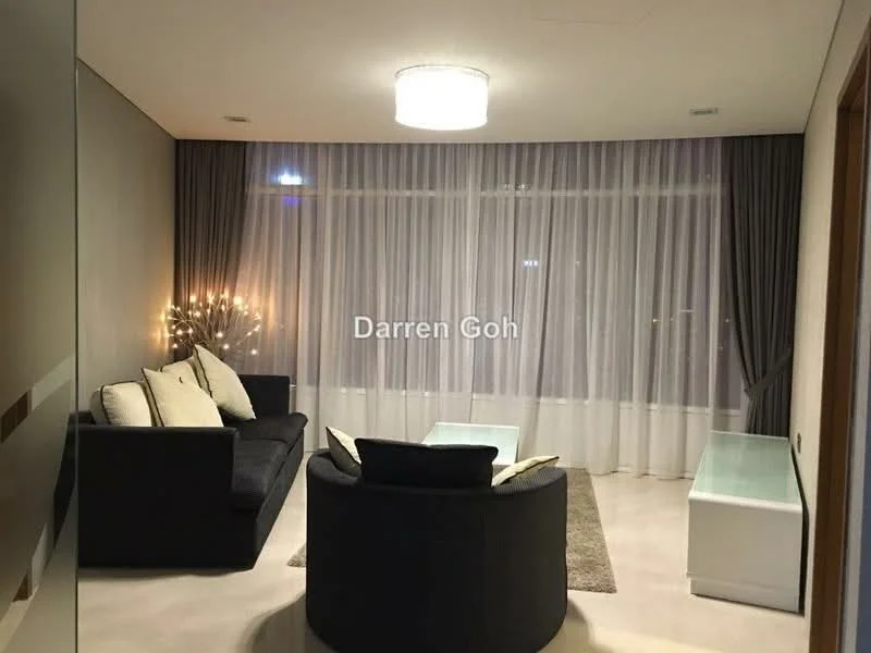 Living features: 3-seater fabric sofa in black, 2-seater fabric sofa in black, glass coffee table, chandelier with multiple bulbs, floor-to-ceiling windows, sheer curtains, dark grey curtains, decorative floor lamp, light-coloured walls, polished concrete flooring; style: modern; view: city.