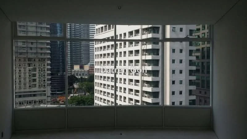Room features: floor-to-ceiling windows, neutral wall colour, concrete flooring, city skyline view; style: modern; view: city.